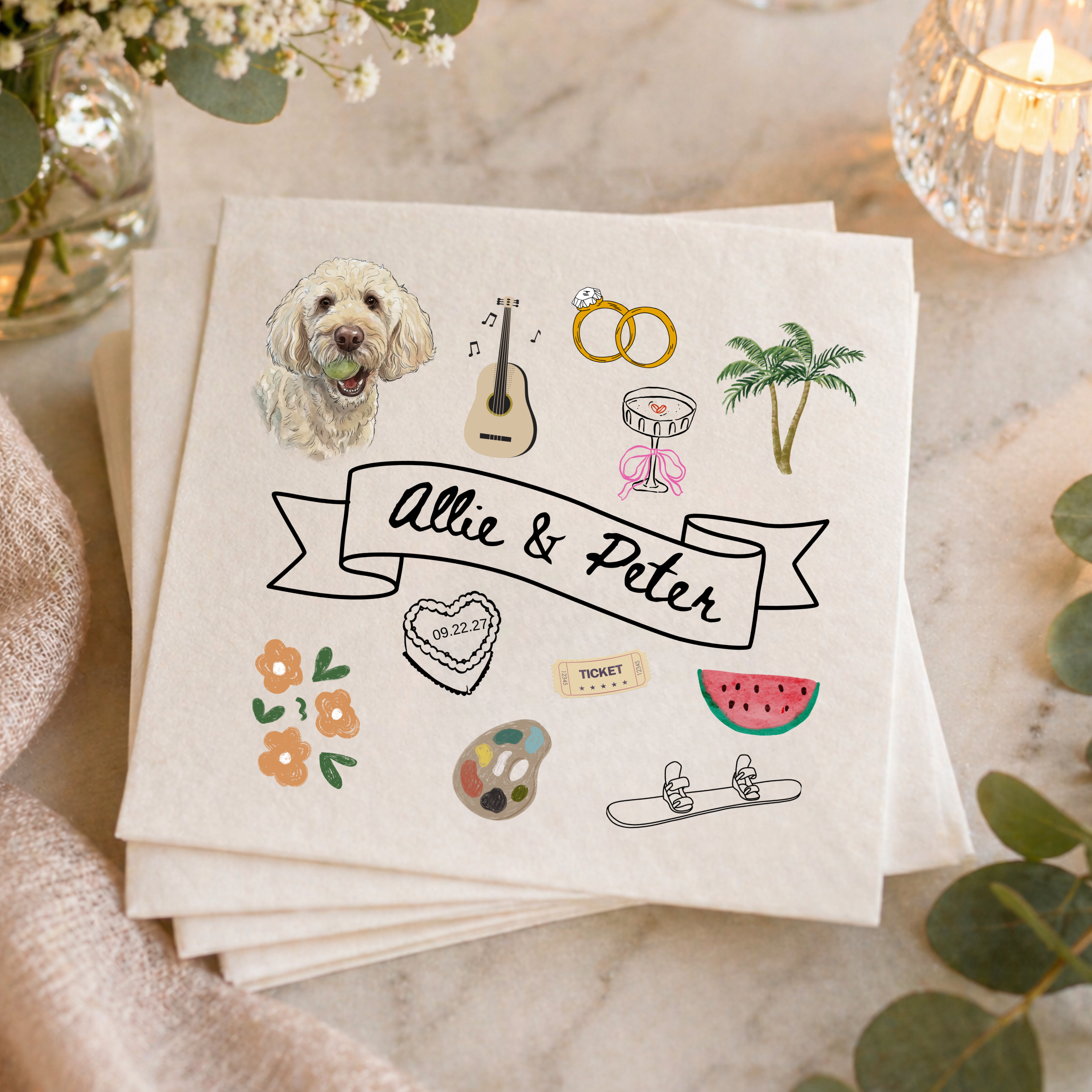 Custom Pet Portrait Full Color Doodle Napkins