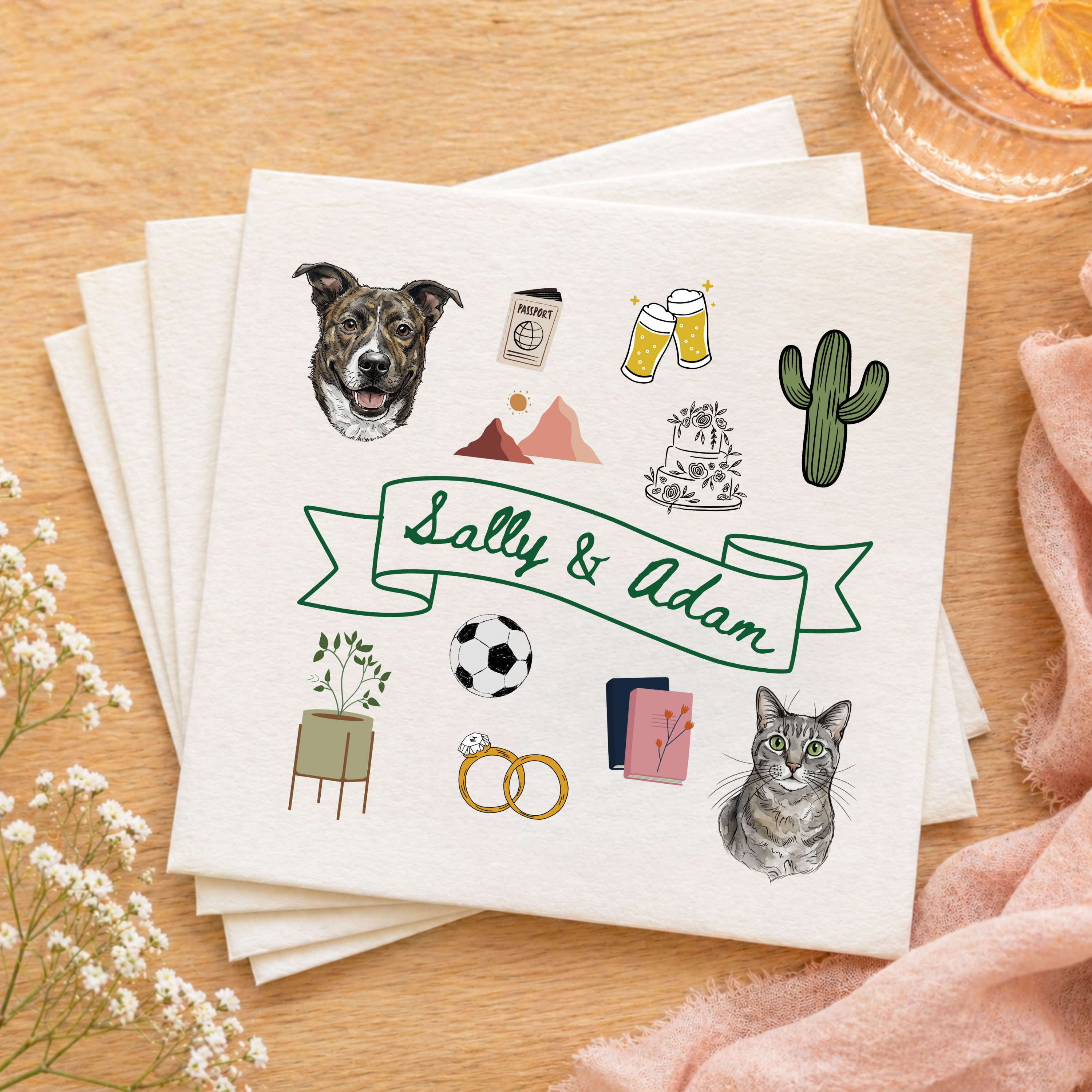 Custom Pet Portrait Full Color Doodle Napkins