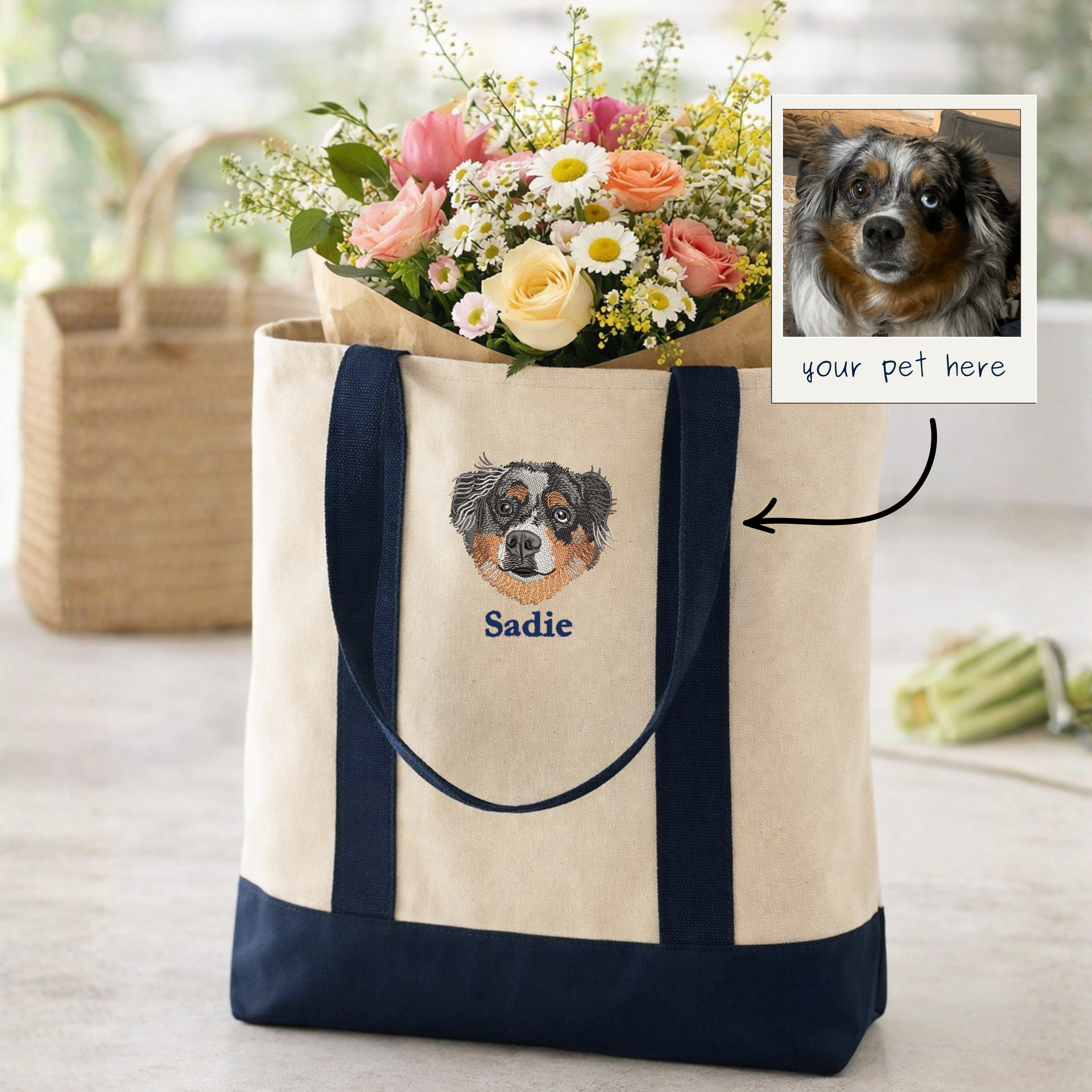 Custom Pet Portrait Embroidered Tote Bag