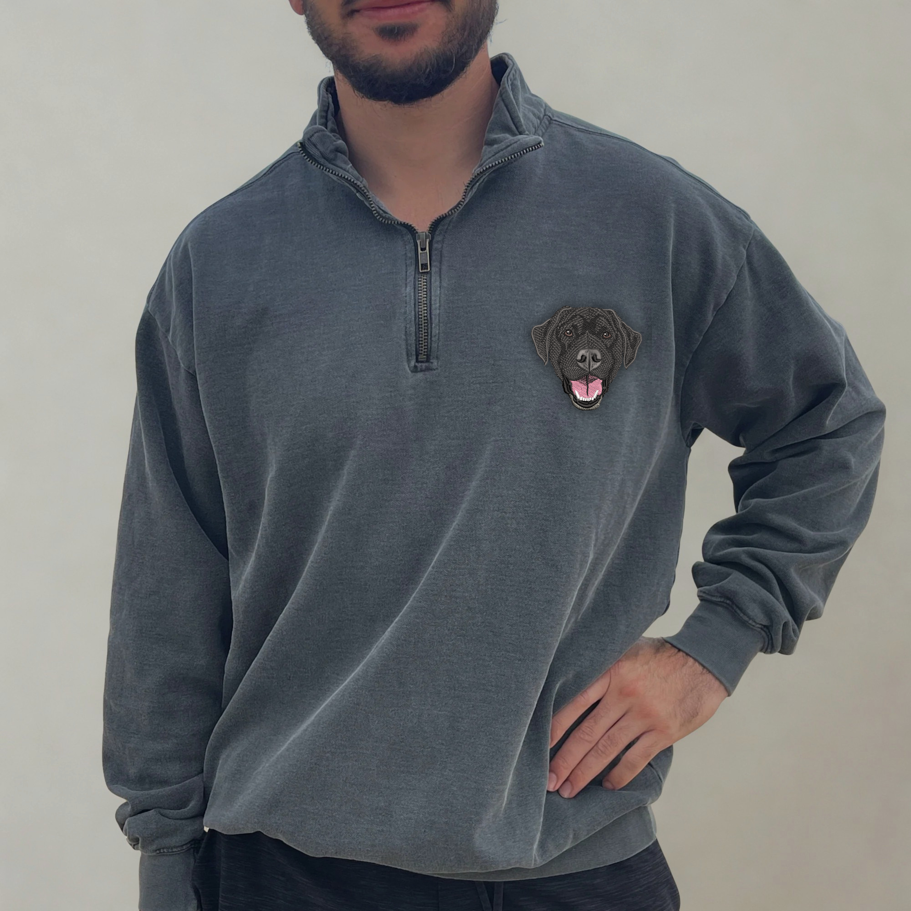 Custom Embroidered Pet Portrait Unisex Comfort Colors Quarter Zip Sweatshirt
