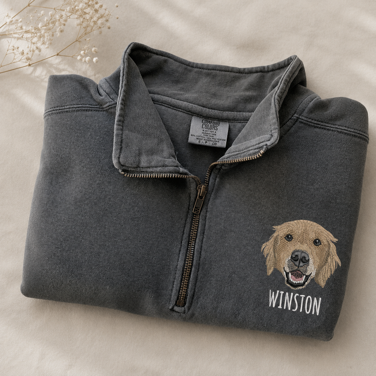 Custom Embroidered Pet Portrait Unisex Comfort Colors Quarter Zip Sweatshirt