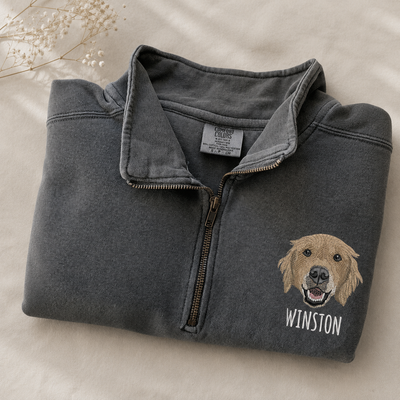 Custom Embroidered Pet Portrait Unisex Comfort Colors Quarter Zip Sweatshirt