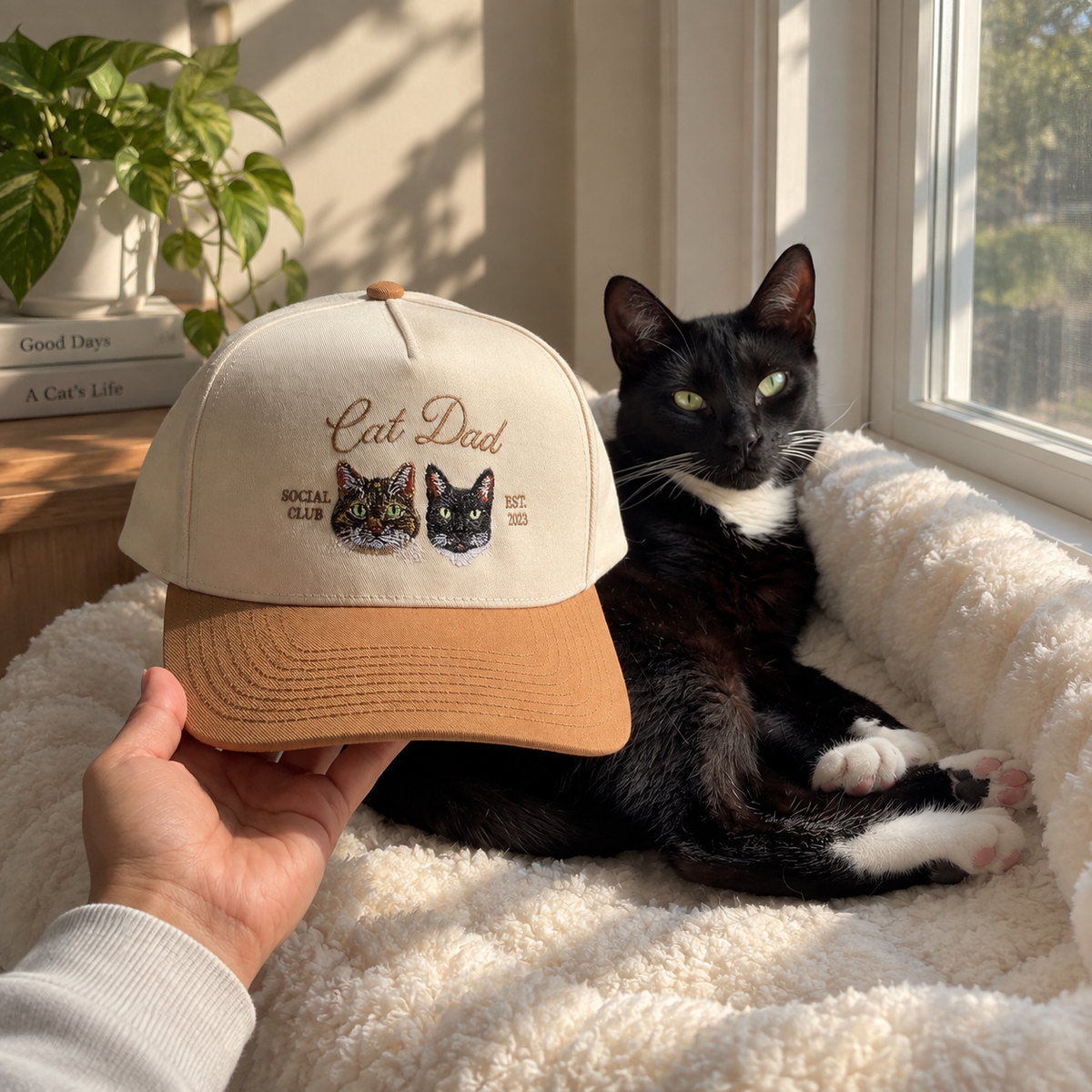 Hand holding a custom Cat Dad snapback hat with embroidered cat portraits next to a tuxedo cat by a window