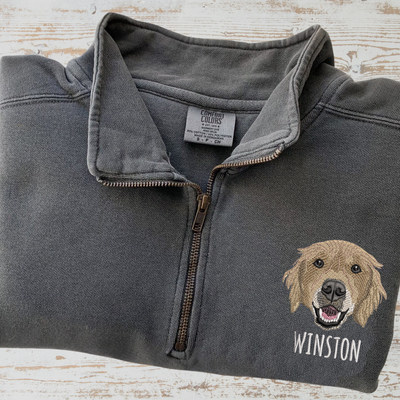 Custom Embroidered Pet Portrait Unisex Comfort Colors Quarter Zip Sweatshirt