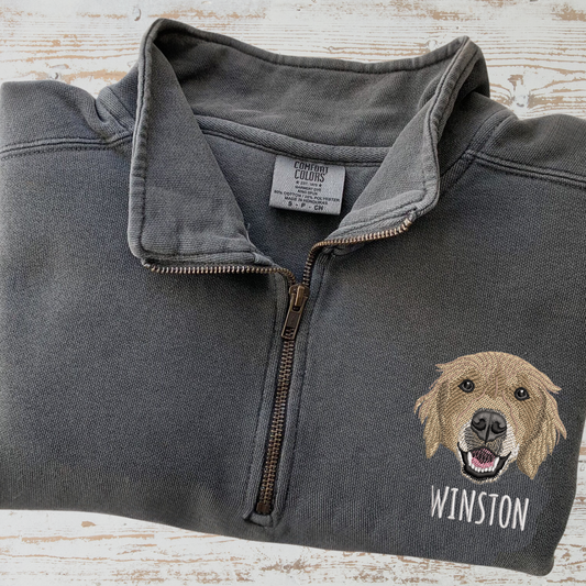 Custom Embroidered Pet Portrait Comfort Colors Quarter Zip Sweatshirt