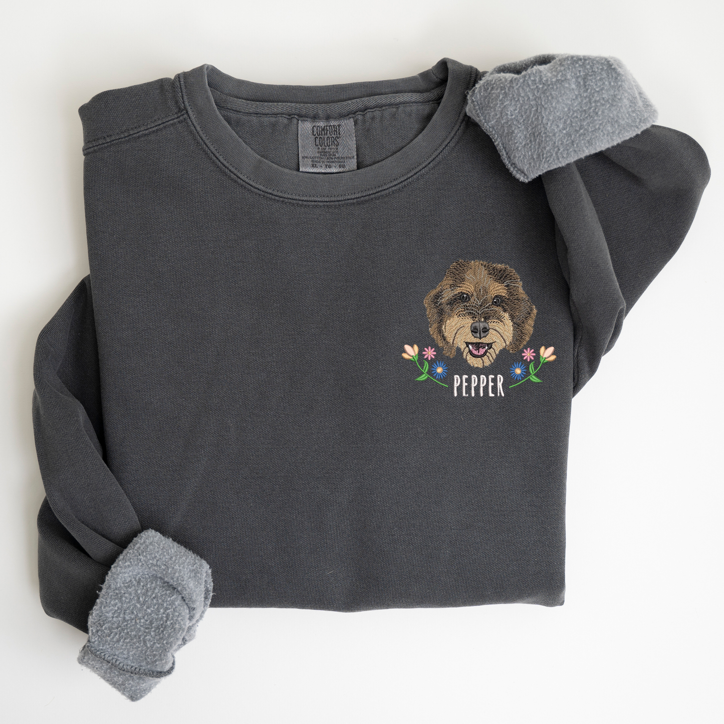 Custom Floral Embroidered Pet Portrait Comfort Colors Sweatshirt